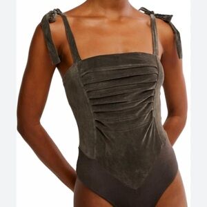 Free People One Haven Bodysuit NEW velvet tie straps pleated snap gusset thong
